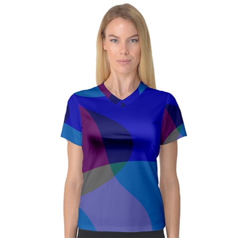 Blue Abstract 1118 - Groovy Blue And Purple Art V-neck Sport Mesh Tee by KorokStudios