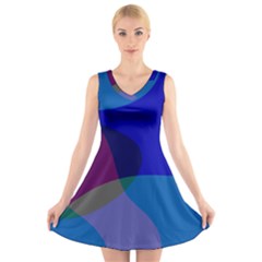 Blue Abstract 1118 - Groovy Blue And Purple Art V-neck Sleeveless Dress by KorokStudios