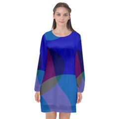 Blue Abstract 1118 - Groovy Blue And Purple Art Long Sleeve Chiffon Shift Dress  by KorokStudios