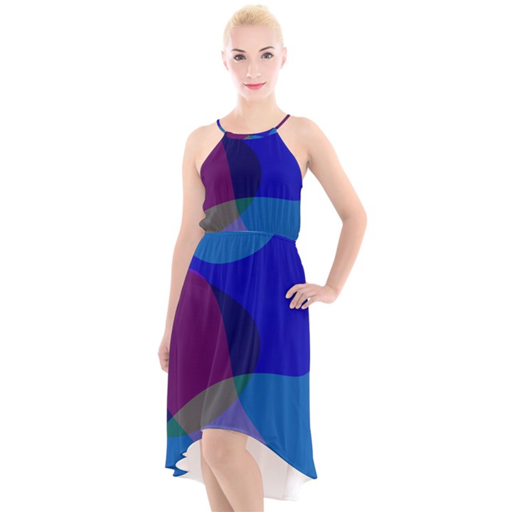 Blue Abstract 1118 - Groovy Blue And Purple Art High-Low Halter Chiffon Dress 