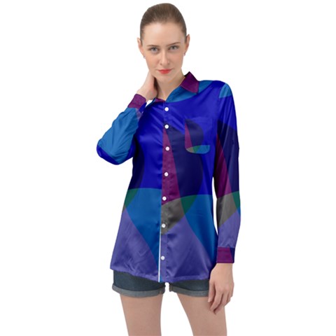 Blue Abstract 1118 - Groovy Blue And Purple Art Long Sleeve Satin Shirt by KorokStudios