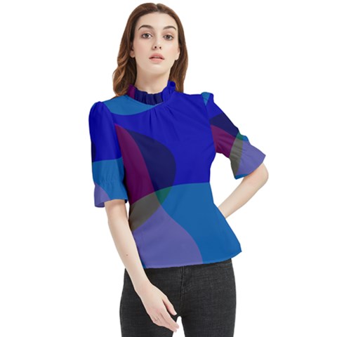 Blue Abstract 1118 - Groovy Blue And Purple Art Frill Neck Blouse by KorokStudios