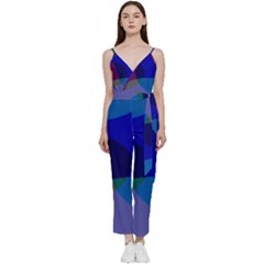 Blue Abstract 1118 - Groovy Blue And Purple Art V-neck Spaghetti Strap Tie Front Jumpsuit by KorokStudios