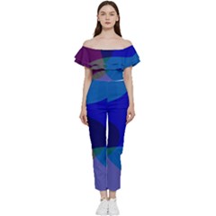 Blue Abstract 1118 - Groovy Blue And Purple Art Off Shoulder Ruffle Top Jumpsuit by KorokStudios