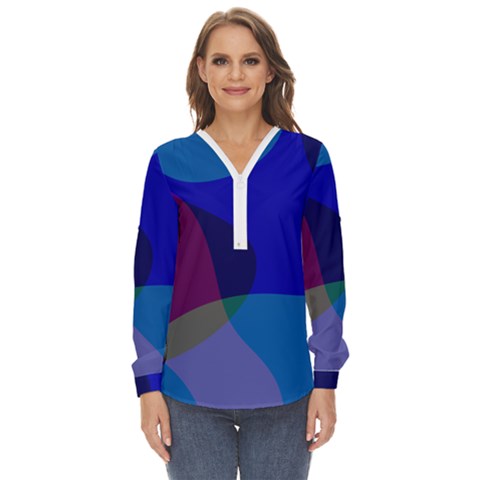 Blue Abstract 1118 - Groovy Blue And Purple Art Zip Up Long Sleeve Blouse by KorokStudios