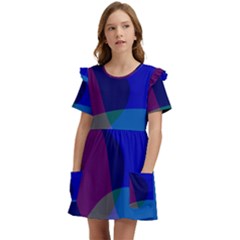 Blue Abstract 1118 - Groovy Blue And Purple Art Kids  Frilly Sleeves Pocket Dress by KorokStudios