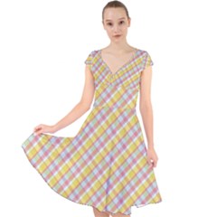 Plaid Pattern Yellow Pink Cap Sleeve Front Wrap Midi Dress