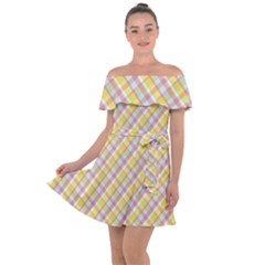 Plaid Pattern Yellow Pink Off Shoulder Velour Dress