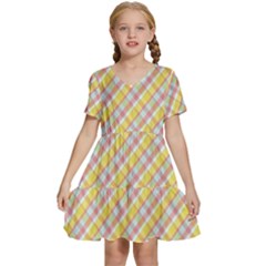 Plaid Pattern Yellow Pink Kids  Short Sleeve Tiered Mini Dress by PaperDesignNest