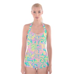 Swimwear Teal Yellow Pink Collection Boyleg Halter Swimsuit 