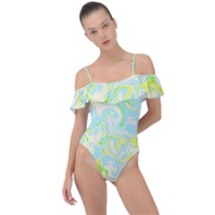 Swimwear Blue Yellow White Collection Frill Detail One Piece Swimsuit by PaperDesignNest