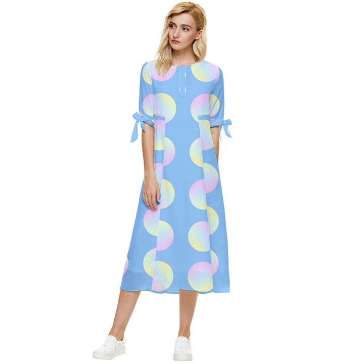 Abstract Stylish Design Pattern Blue Bow Sleeve Chiffon Midi Dress