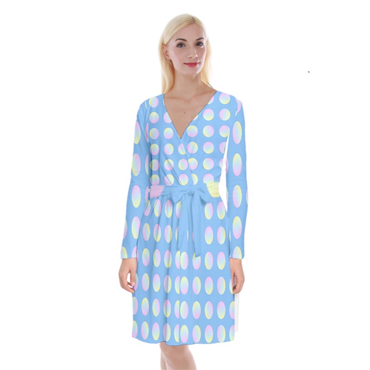 Abstract Stylish Design Pattern Blue Long Sleeve Velvet Front Wrap Dress