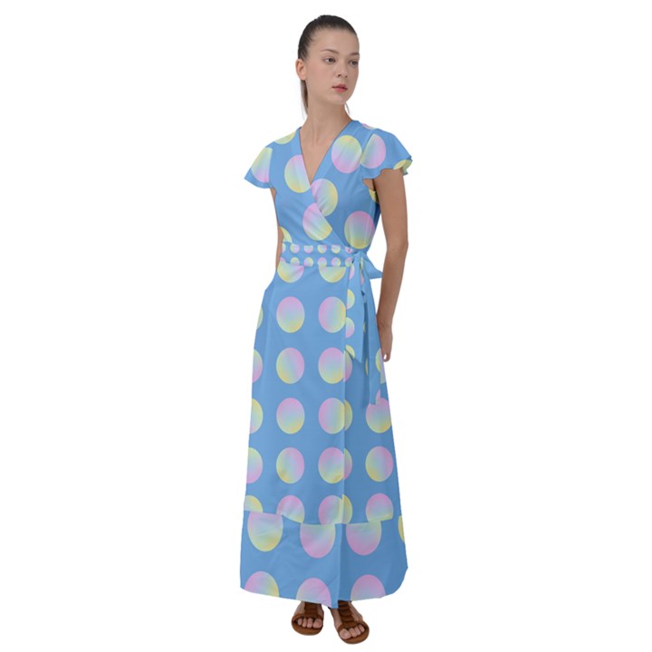 Abstract Stylish Design Pattern Blue Flutter Sleeve Maxi Dress