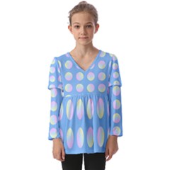 Abstract Stylish Design Pattern Blue Kids  V Neck Casual Top by brightlightarts