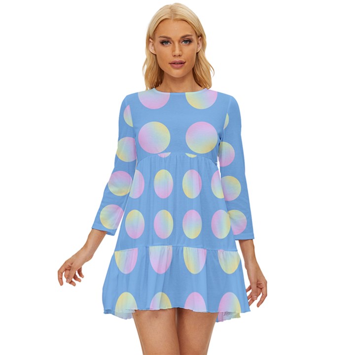 Abstract Stylish Design Pattern Blue Long Sleeve Babydoll Dress