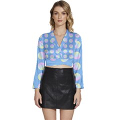 Abstract Stylish Design Pattern Blue Long Sleeve Tie Back Satin Wrap Top