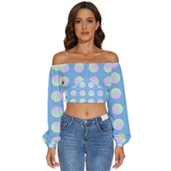 Abstract Stylish Design Pattern Blue Long Sleeve Crinkled Weave Crop Top