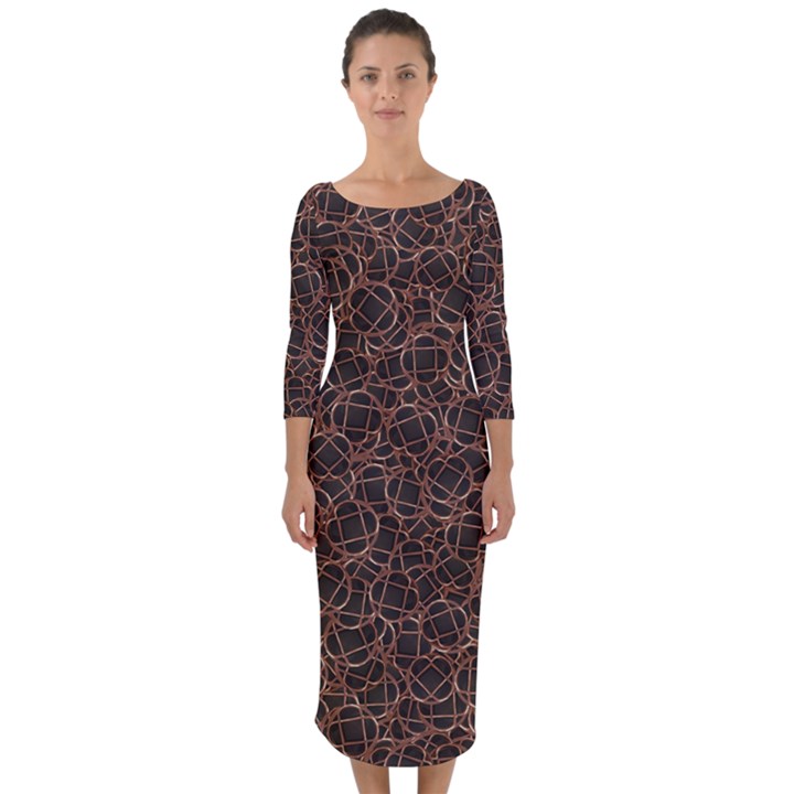 Random Abstract Geometry Motif Pattern Quarter Sleeve Midi Bodycon Dress