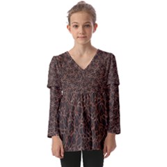 Random Abstract Geometry Motif Pattern Kids  V Neck Casual Top