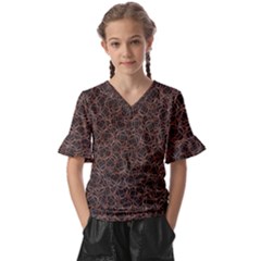 Random Abstract Geometry Motif Pattern Kids  V-neck Horn Sleeve Blouse