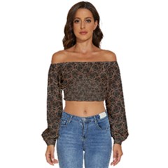 Random Abstract Geometry Motif Pattern Long Sleeve Crinkled Weave Crop Top