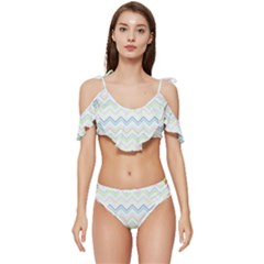 Zigzag Multi-colors White Ruffle Edge Tie Up Bikini Set	