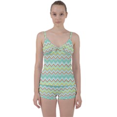 Zigzag Multi-colors Teal Tie Front Two Piece Tankini by PaperDesignNest