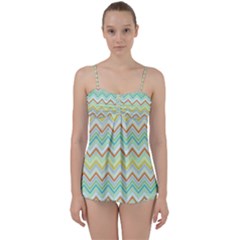 Zigzag Multi-colors Teal Babydoll Tankini Set by PaperDesignNest