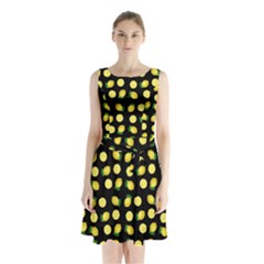 Yellow Lemon And Slices Black Sleeveless Waist Tie Chiffon Dress