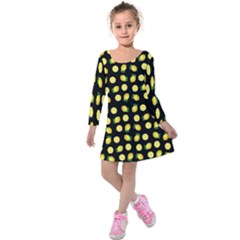 Yellow Lemon And Slices Black Kids  Long Sleeve Velvet Dress by FunDressesShop