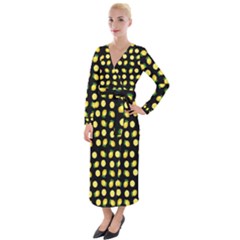 Yellow Lemon And Slices Black Velvet Maxi Wrap Dress by FunDressesShop