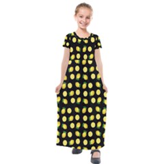 Yellow Lemon And Slices Black Kids  Short Sleeve Maxi Dress by FunDressesShop