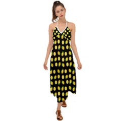 Yellow Lemon And Slices Black Halter Tie Back Dress  by FunDressesShop