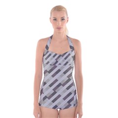 Pale Multicolored Stripes Pattern Boyleg Halter Swimsuit  by dflcprintsclothing