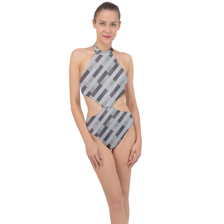 Pale Multicolored Stripes Pattern Halter Side Cut Swimsuit