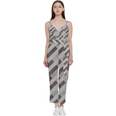 Pale Multicolored Stripes Pattern V-neck Spaghetti Strap Tie Front Jumpsuit