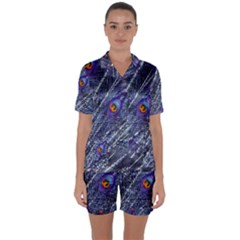 Peacock-feathers-color-plumage Blue Satin Short Sleeve Pajamas Set by danenraven