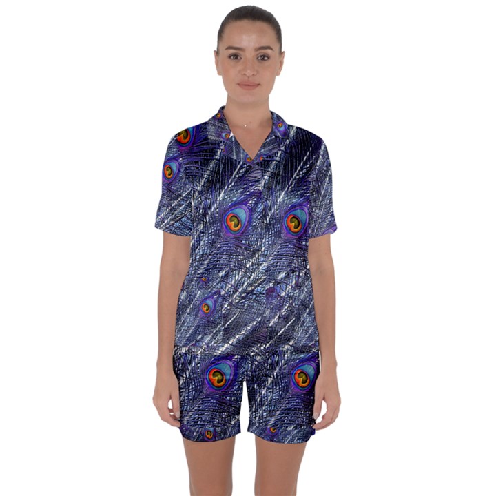 Peacock-feathers-color-plumage Blue Satin Short Sleeve Pajamas Set