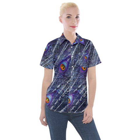 Peacock-feathers-color-plumage Blue Women s Short Sleeve Pocket Shirt by danenraven