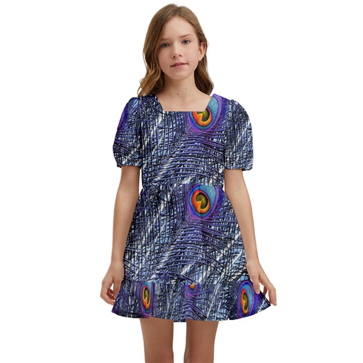 Peacock-feathers-color-plumage Blue Kids  Short Sleeve Dolly Dress