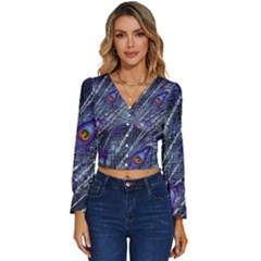 Peacock-feathers-color-plumage Blue Long Sleeve V-neck Top