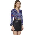 Peacock-feathers-color-plumage Blue Long Sleeve Tie Back Satin Wrap Top View3