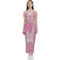 Pink Arabesque Iv V-neck Spaghetti Strap Tie Front Jumpsuit