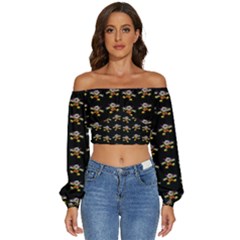 Dancing Clowns Black Long Sleeve Crinkled Weave Crop Top