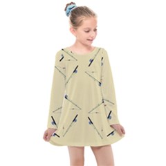 Fishing Rods Pattern Brown Kids  Long Sleeve Dress by TetiBright