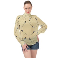 Fishing Rods Pattern Brown High Neck Long Sleeve Chiffon Top by TetiBright