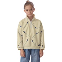 Fishing Rods Pattern Brown Kids  Half Zip Hoodie by TetiBright