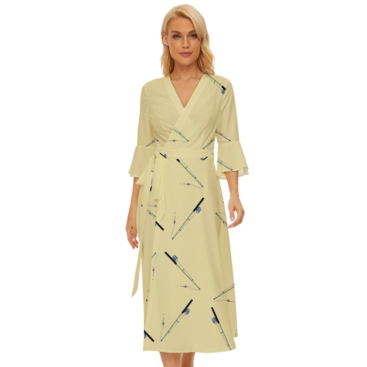 Fishing Rods Pattern Brown Midsummer Wrap Dress