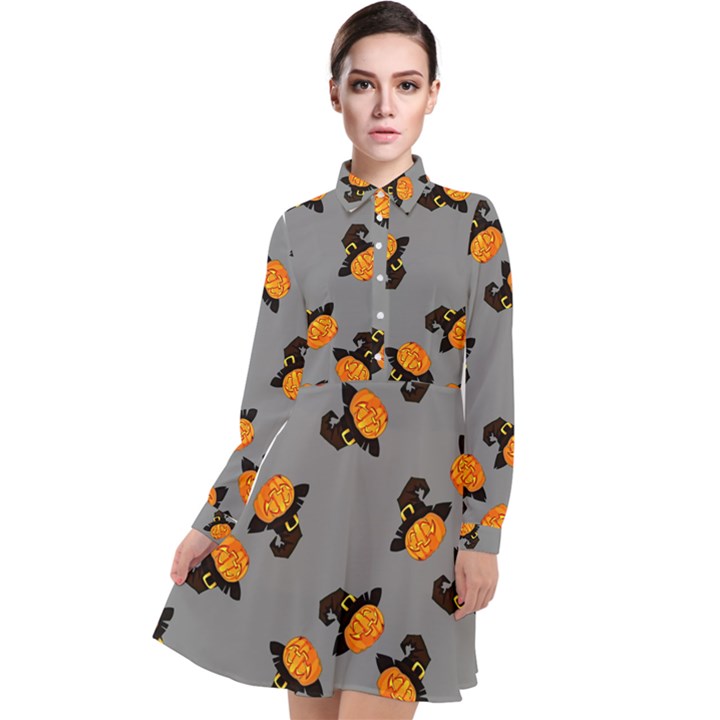 Pumpkin Heads With Hat Gray Long Sleeve Chiffon Shirt Dress